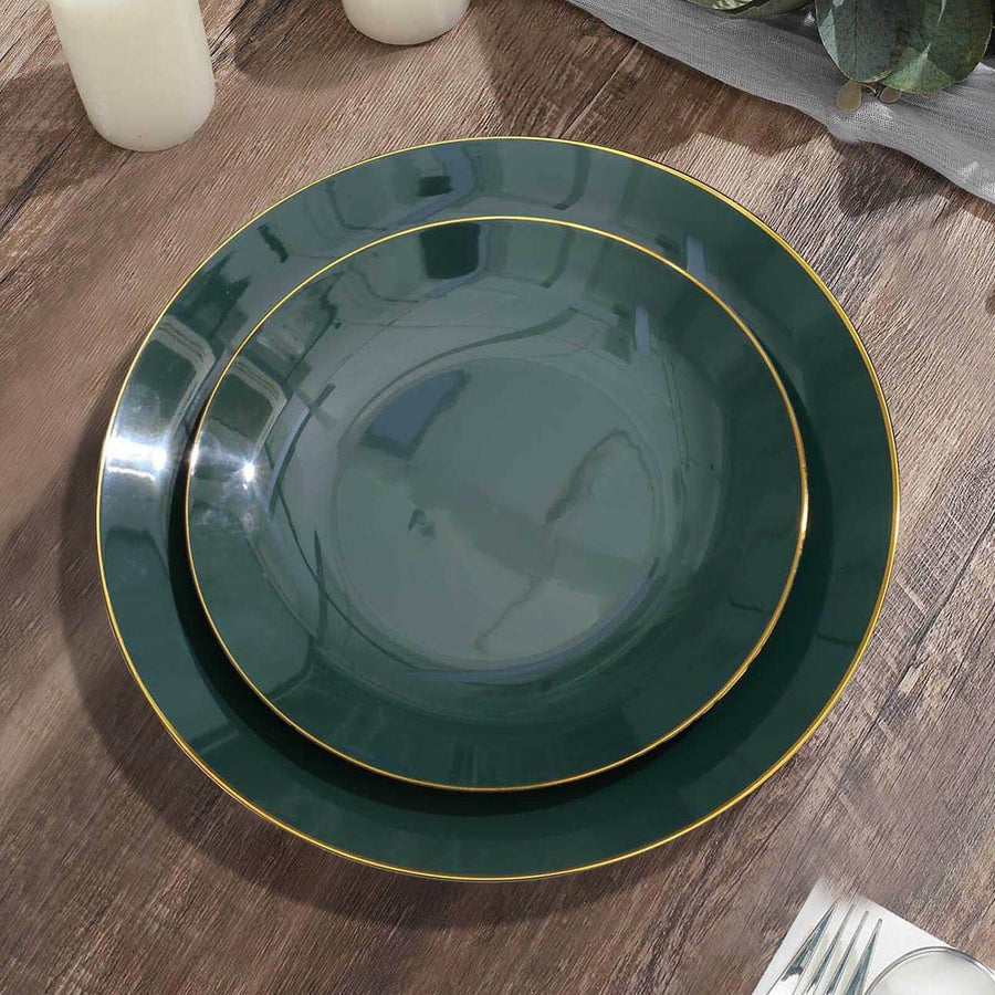 10 Pack | 8inch Glossy Hunter Emerald Green Round Plastic Salad Plates With Gold Rim