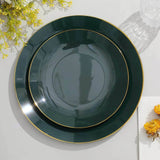 10 Pack | 8inch Glossy Hunter Emerald Green Round Plastic Salad Plates With Gold Rim