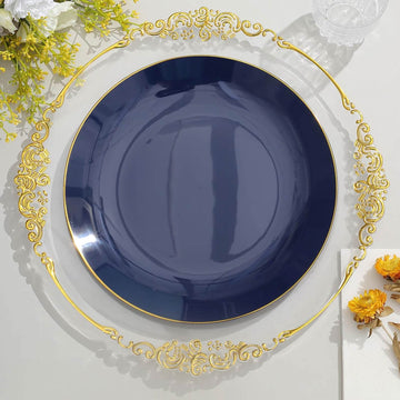10 Pack 10" Glossy Navy Blue Round Disposable Dinner Plates With Gold Rim, Plastic Party Plates