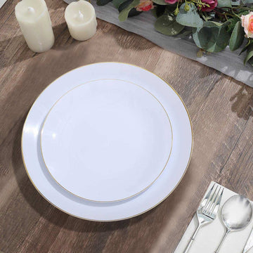 10 Pack 8" Glossy White Round Plastic Salad Plates With Gold Rim, Disposable Appetizer Dessert Party Plates