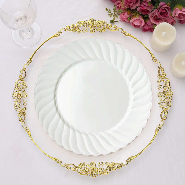 12 Pack 10" Glossy White Swirl Rim Round Disposable Dinner Plates, Plastic Party Plates
