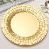 10 Pack | 10inch Gold Basketweave Rim Plastic Dinner Plates, Round Disposable Plates