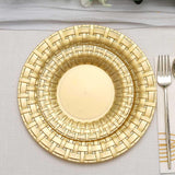 10 Pack | 7inch Gold Basketweave Rim Plastic Salad Dessert Plates, Round Disposable Appetizer Plates