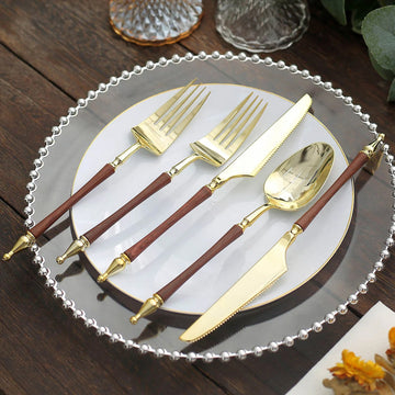 24 Pack Gold Brown European Plastic Silverware Set with Roman Column Handle, Disposable Fork, Spoon and Knife Utensil