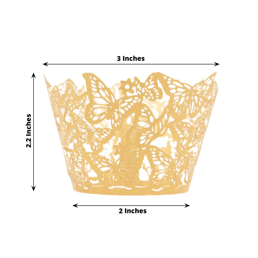 25 Pack Gold Butterfly Lace Pattern Paper Cupcake Wrappers, 3inch Round Muffin Liner Cups