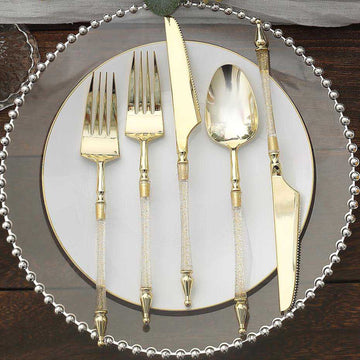 24 Pack Gold Clear Glittered European Plastic Silverware Set with Roman Column Handle, Disposable Fork, Spoon and Knife Utensil