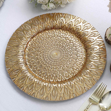 6 Pack 13" Gold Embossed Peacock Design Disposable Charger Plates, Round Plastic Serving Plates