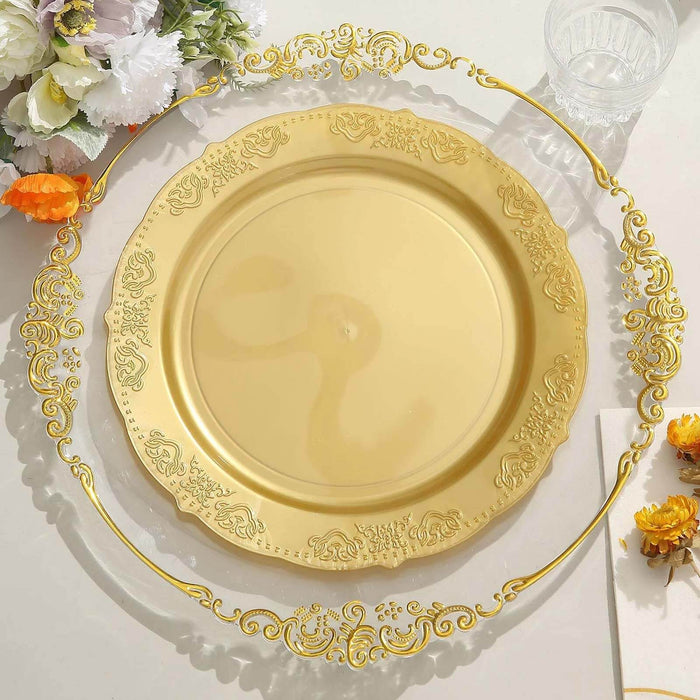 10 Pack | 10inch Gold Embossed Round Disposable Dinner Plates, Plastic Plates With Scalloped Edges