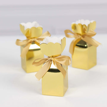 25 Pack Gold Floral Top Satin Ribbon Party Favor Candy Gift Boxes