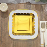 50 Pack | 5inch Gold Foil Scalloped Rim Appetizer Paper Plates, Disposable Square Dessert Plates