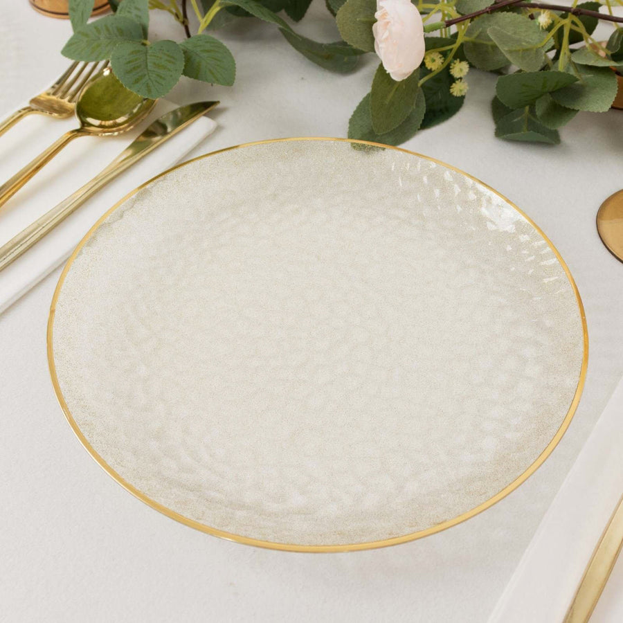 10 Pack Clear Hammered Disposable Dinner Plates With Gold Rim, 9inch Round10 Pack Clear Hammered Dis