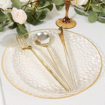 10 Pack Gold Glitter Clear Hammered Disposable Party Plates, 9" Round Plastic Dinner Plates With Gold Rim