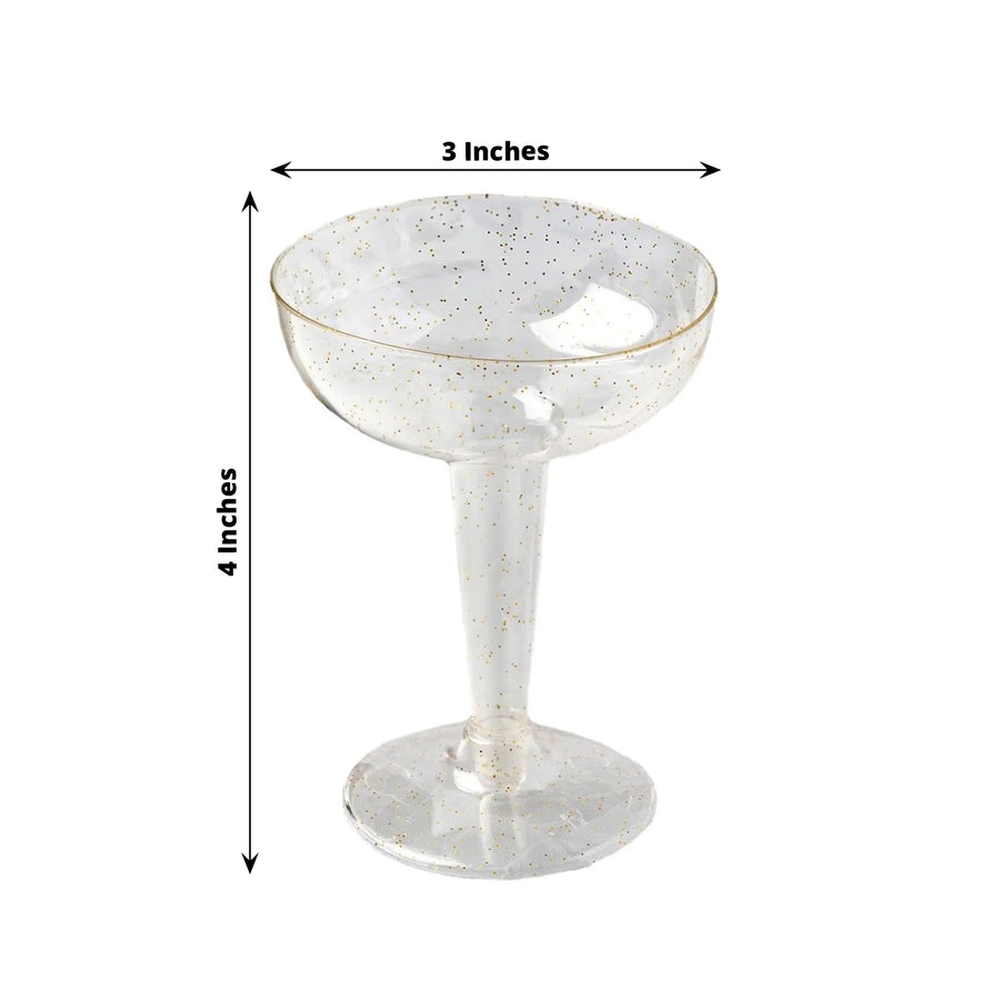 12 Pack | 3oz Gold Glittered Clear Plastic Coupe Cocktail Glasses, Disposable Daiquiri Glasses