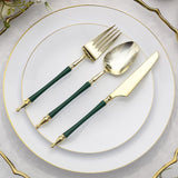 24 Pack | Gold / Hunter Emerald Green European Plastic Silverware Set with Roman Column Handle