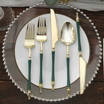24 Pack Gold Hunter Emerald Green European Plastic Silverware Set with Roman Column Handle, Disposable Fork, Spoon and Knife Utensil