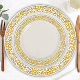 10 Pack | 6inch Gold Lace Rim Ivory Disposable Salad Plates, Plastic Dessert Appetizer Plates