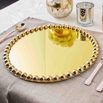 2 Pack 13" Gold Mirror Glass Charger Plates with Pearl Beaded Rim