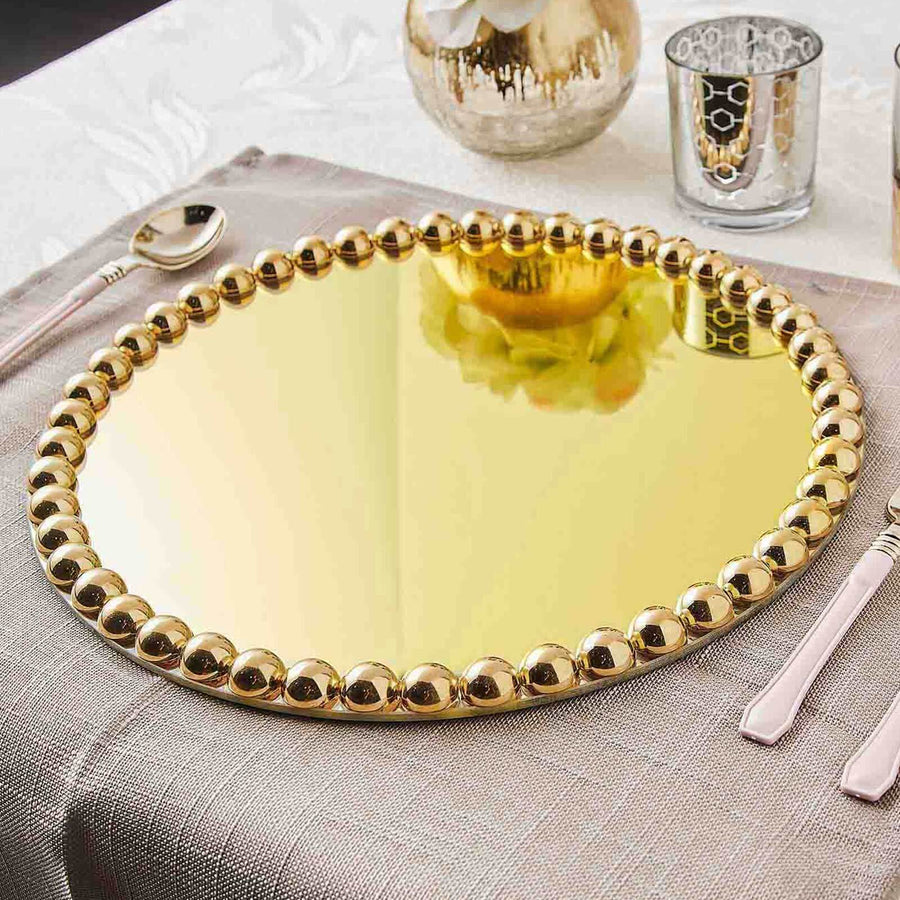 2 Pack | 13inch Gold Mirror Glass Charger Plates with Pearl Beaded Rim