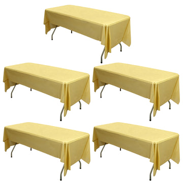 5 Pack Gold PVC Rectangle Disposable Tablecloths, 54"x108" Waterproof Plastic Table Covers