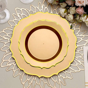 10 Pack 8" Gold Plastic Dessert Salad Plates, Disposable Tableware Round With Gold Scalloped Rim