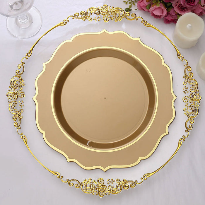 10 Pack | 10Inch Gold Plastic Dinner Plates Disposable Tableware Round With Gold Scalloped Rim