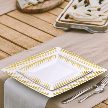 10 Pack 7" Gold Polka Dot Rim White Square Disposable Salad Plates, Plastic Dessert Plates