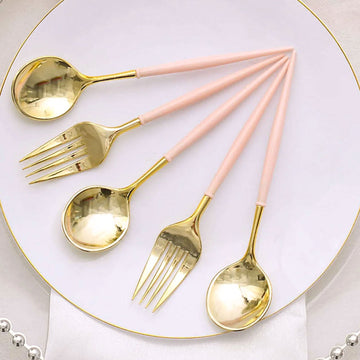 24 Pack 6" Gold Rose Gold Premium Disposable Fork Spoon Silverware Set, Modern Heavy Duty Plastic Utensils