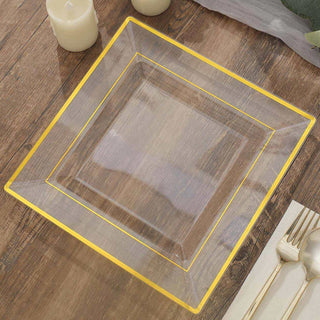 10 Pack | 10" Gold Trim Clear Square Disposable Dinner Plates, Plastic Party Plates