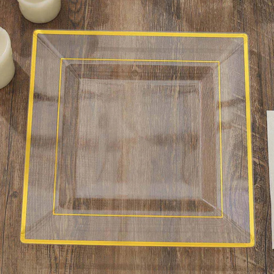10 Pack - 10inch Gold Trim Clear Square Plastic Disposable Dinner Plates