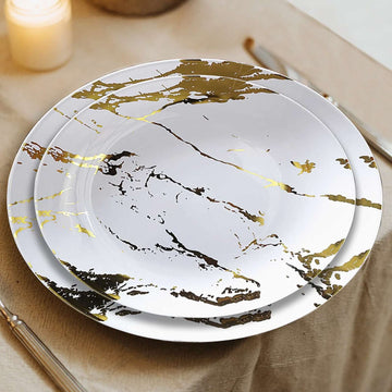 10 Pack 8" Gold and White Marble Plastic Appetizer Salad Plates