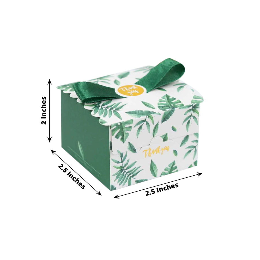 25 Pack Green Monstera Leaf Print Candy Gift Boxes with Satin Ribbon Bow, Thank You Cardstock Paper 