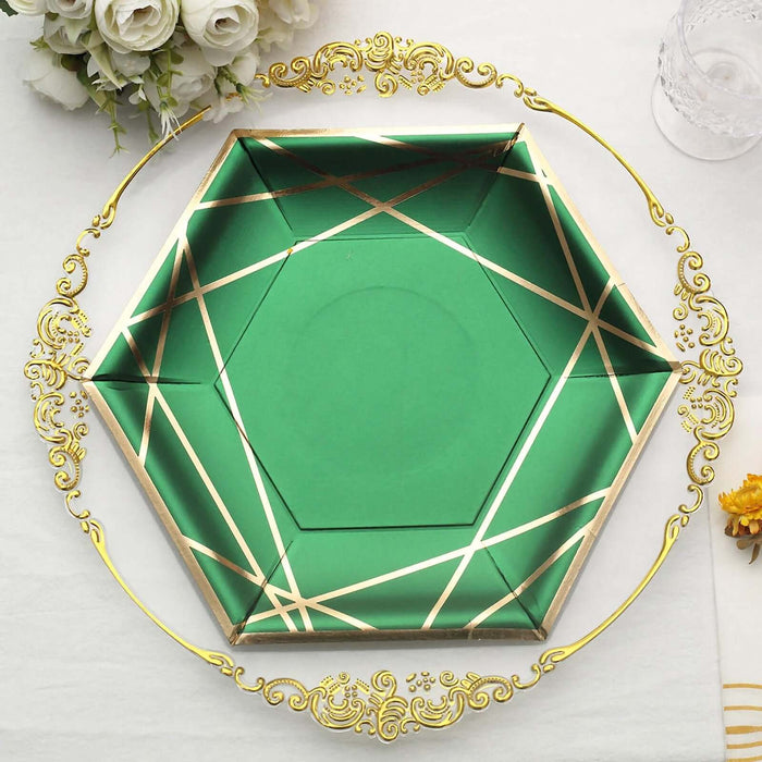 25 Pack 7" Hunter Emerald Green Gold Hexagon Salad Paper Plates, Geometric Disposable Dessert Appetizer Party Plates - 300 GSM