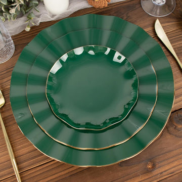 10 Pack 6" Hunter Emerald Green Heavy Duty Disposable Salad Plates with Gold Ruffled Rim, Heavy Duty Disposable Appetizer Dessert Dinnerware
