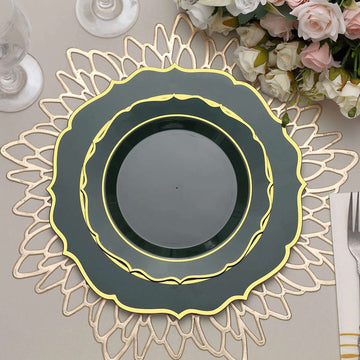 10 Pack 8" Hunter Emerald Green Plastic Dessert Salad Plates, Disposable Tableware Round With Gold Scalloped Rim