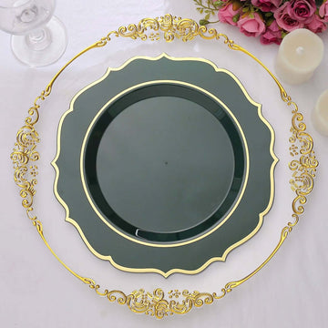 10 Pack 10" Hunter Emerald Green Plastic Dinner Plates Disposable Tableware Round With Gold Scalloped Rim