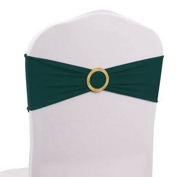 5 Pack Hunter Emerald Green Spandex Chair Sashes with Gold Diamond Buckles, Elegant Stretch Chair Bands and Slide On Brooch Set - 5"x14"