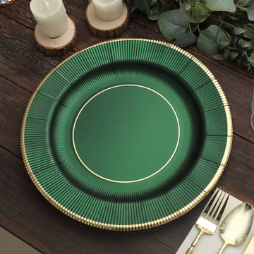 25 Pack 13" Hunter Emerald Green Sunray Heavy Duty Paper Charger Plates, Disposable Serving Trays With Gold Rim - 350 GSM