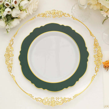 10 Pack 10" Hunter Emerald Green White Disposable Dinner Plates With Round Blossom Design, Plastic Party Plates With Gold Rim