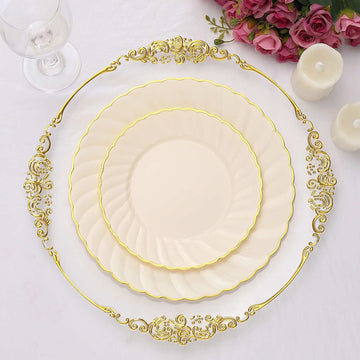 10 Pack 10" Ivory Gold Flair Rim Disposable Dinner Plates, Round Plastic Party Plates
