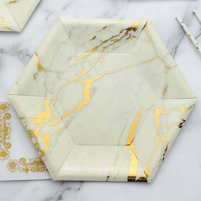 Ivory Marble 12inch Serving Dinner Paper Plates, Disposable Hexagon Geomtric Shaped Plates