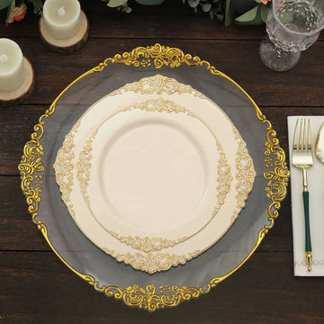 10 Pack 10" Ivory Plastic Party Plates With Gold Leaf Embossed Baroque Rim, Round Disposable Dinner Plates