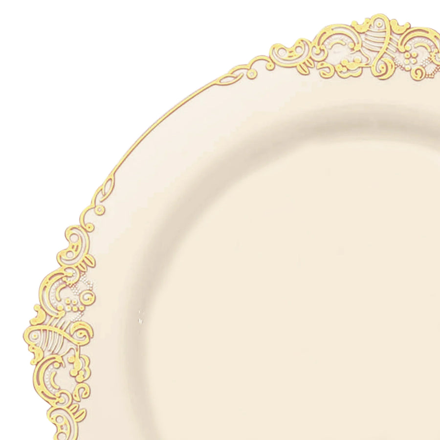 10 Pack | 10inch Ivory Gold Leaf Embossed Baroque Plastic Dinner Plates#whtbkgd