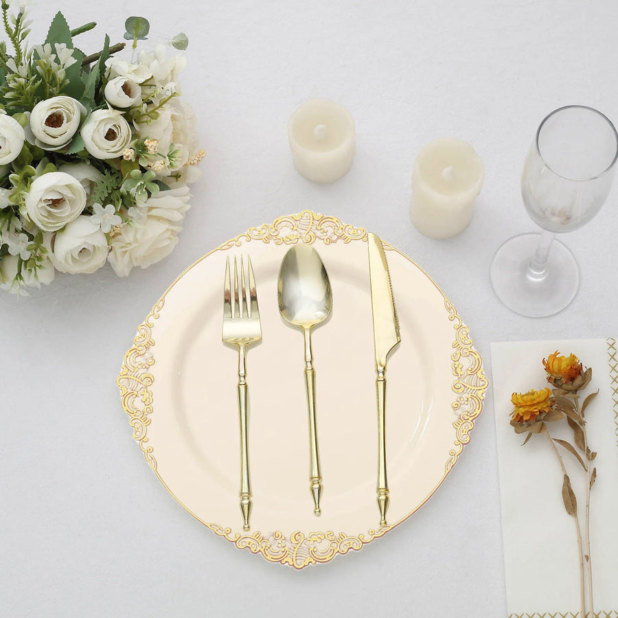 10 Pack | 10inch Ivory Gold Leaf Embossed Baroque Plastic Dinner Plates