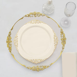 Elegant Ivory Plastic Party Plates with Gold Leaf Embossed Baroque Rim