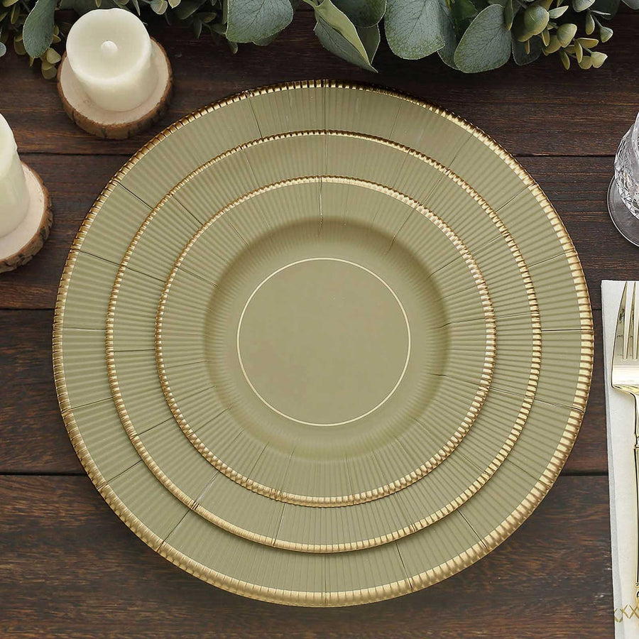 25 Pack | 8inch Khaki Gold Rim Sunray Disposable Dessert Plates