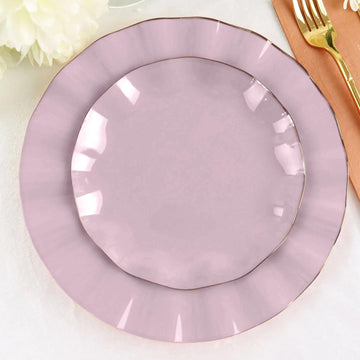 10 Pack 6" Lavender Lilac Heavy Duty Disposable Salad Plates with Gold Ruffled Rim, Heavy Duty Disposable Appetizer Dessert Dinnerware