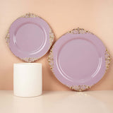 Lavender Lilac Gold Leaf Embossed Baroque Plastic Dessert Plates, Disposable Round Appetizer Plates