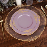 Lavender Lilac Gold Leaf Embossed Baroque Plastic Dessert Plates, Disposable Round Appetizer Plates