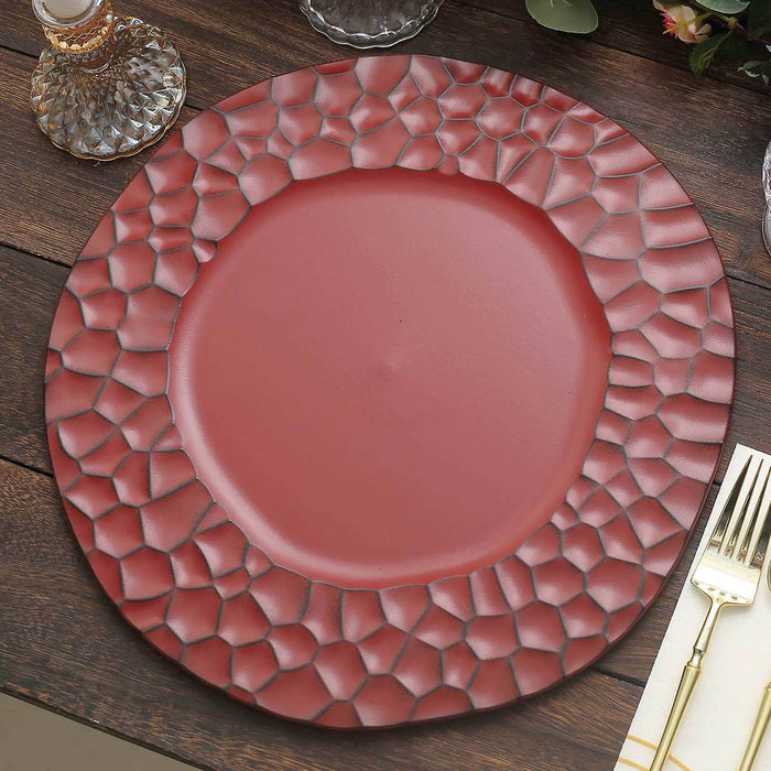 6 Pack Matte Finish Burgundy Hammered Charger Plates, Flat Modern Dinner Serving Plates - 13inch