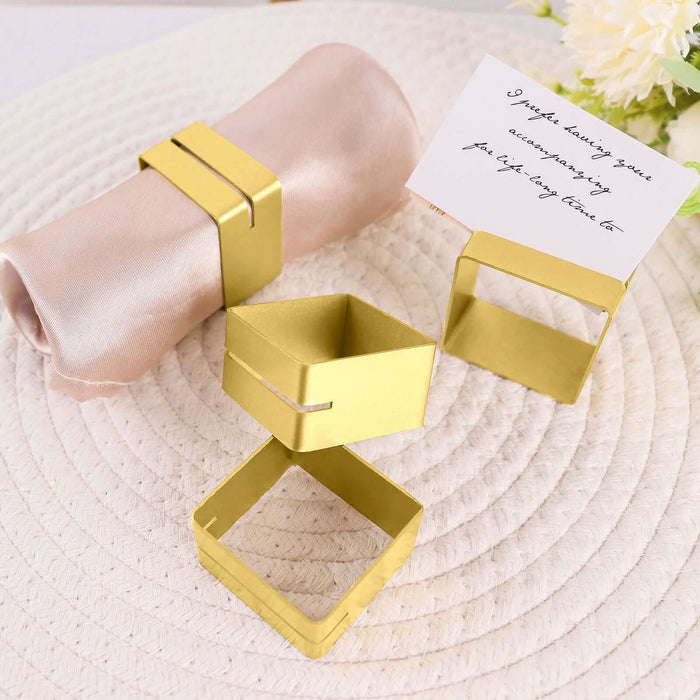 Gold Metal Square Napkin Rings with Place Card Holder, Modern Design Multipurpose Napkins Rings